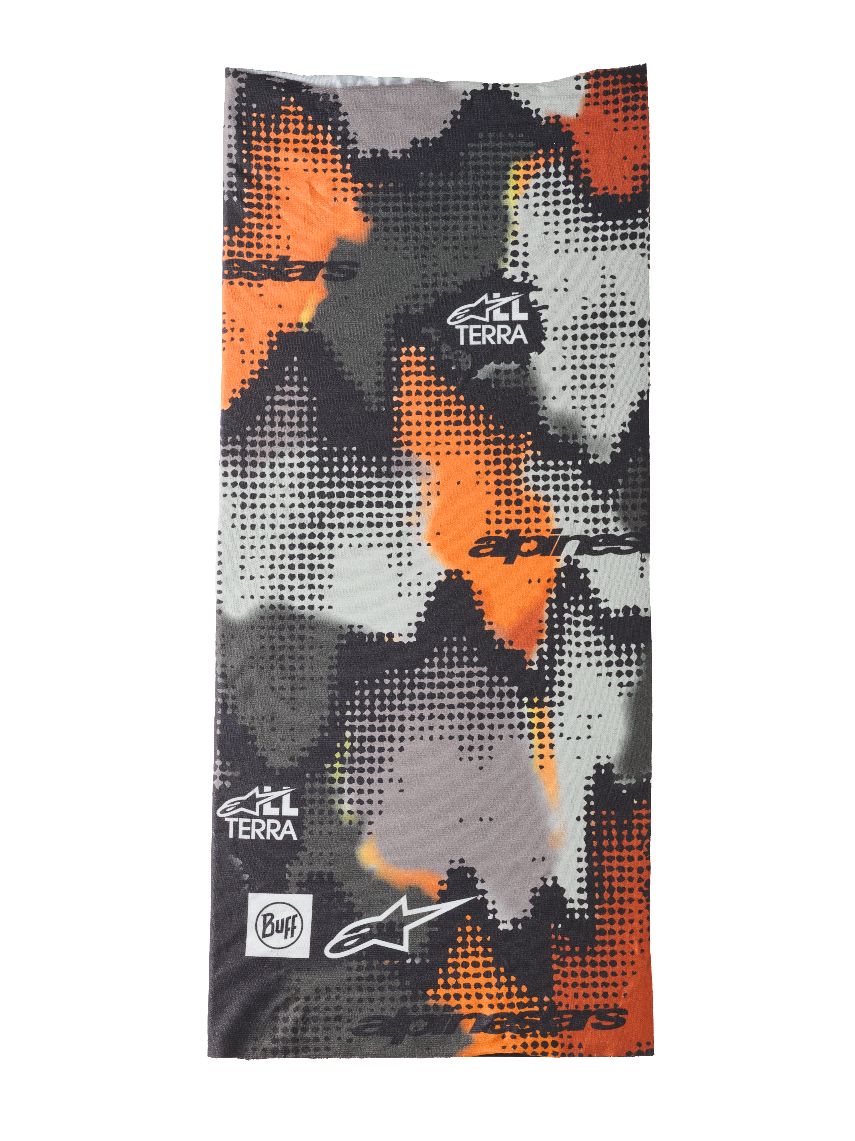 Alpinestars Buff Nazca Neck Tube, Motorcycle Neck Warmer, Gray Camo and Orange Fluo, digital halftone camouflage pattern, featuring Alpinestars and Buff logos with All Terra branding, seamless 4-way stretch fabric for warm-weather riding