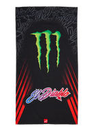 Alpinestars FQ20 Neck Tube Monster, motorcycle neck tube, Black featuring a large green Monster Energy claw logo and 'El Diablo' gradient text, red diagonal racing stripes on the sides, lightweight textile accessory for spring and summer riding