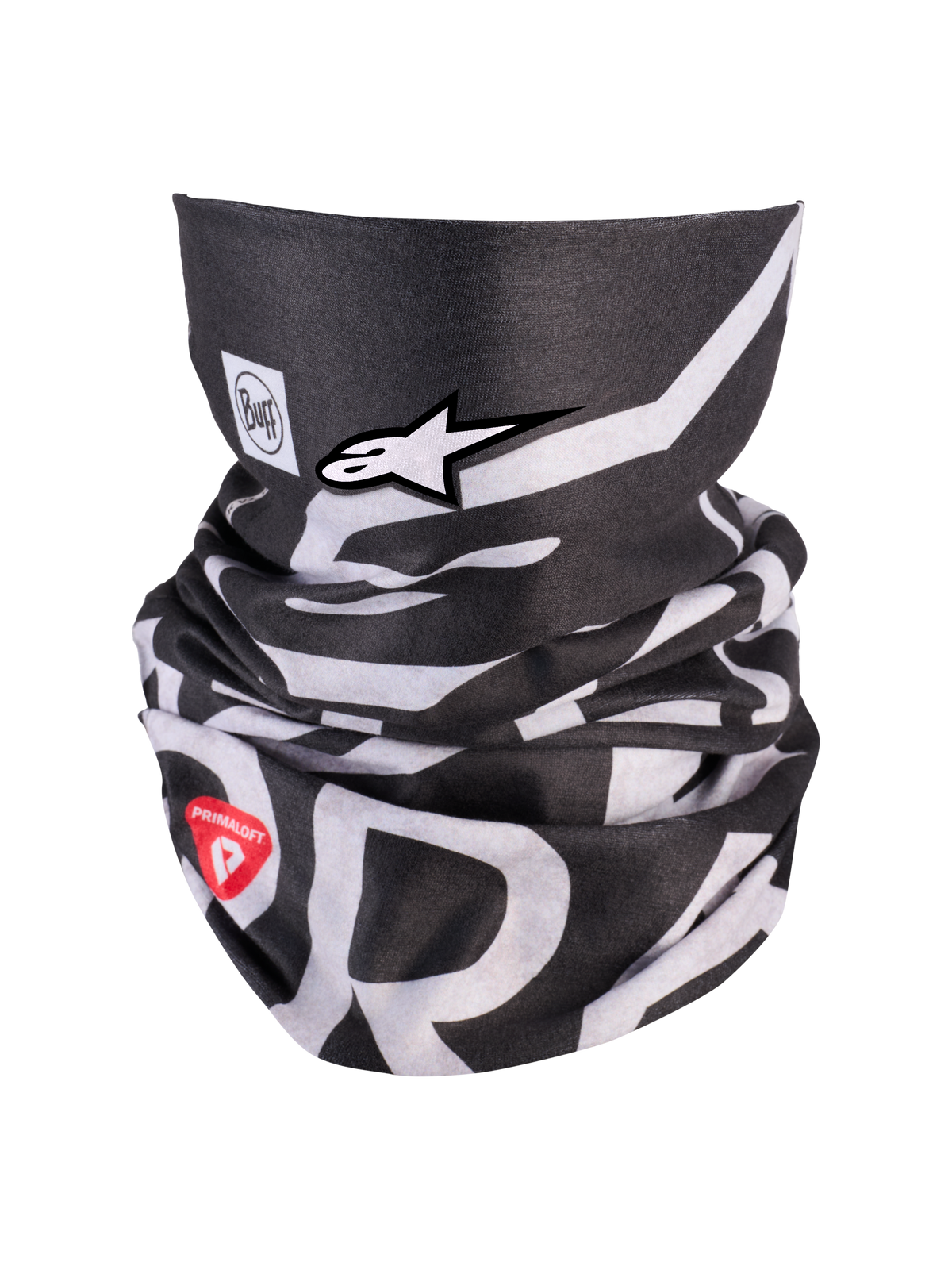 Alpinestars Buff All Terra Primaloft Neck Tube, motorcycle thermal neck gaiter in Black and White with red Primaloft branding and Alpinestars logo