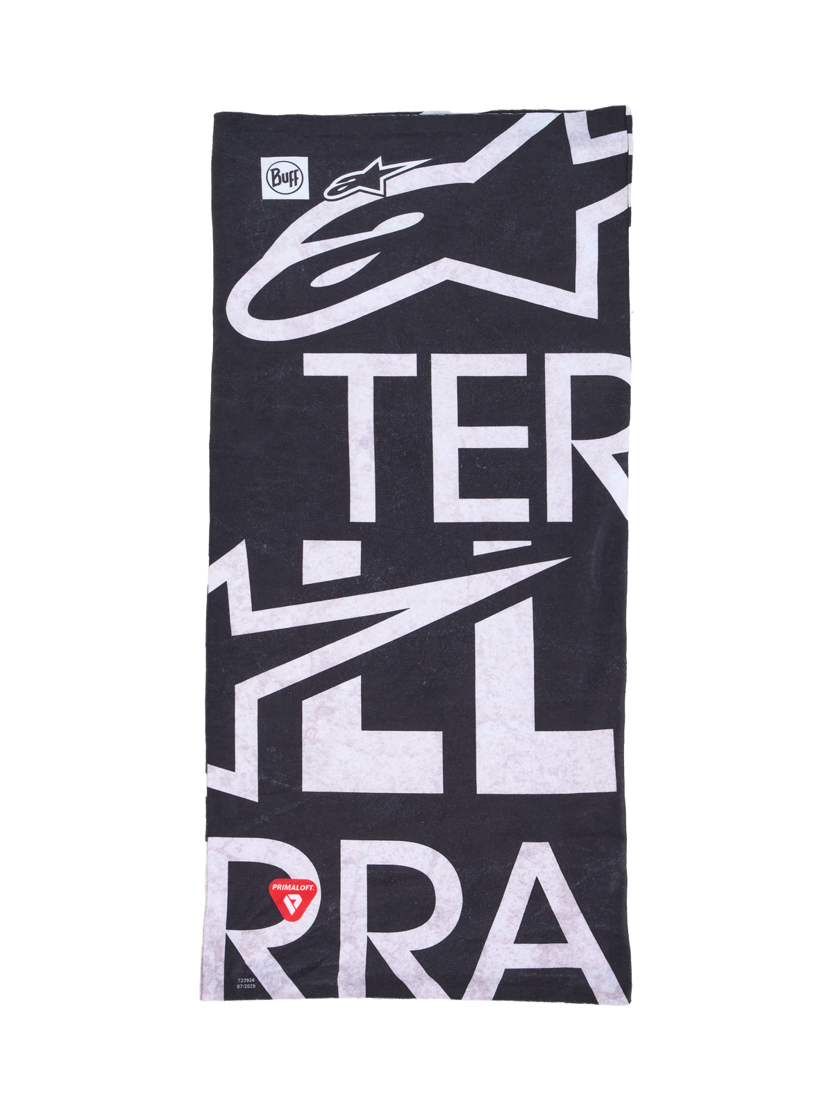 Alpinestars Buff All Terra Primaloft Neck Tube, Black and White, featuring PrimaLoft insulation and bold Alpinestars branding for cold-weather motorcycle and outdoor riding protection