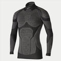 Alpinestars Ride Tech Top Long Sleeve Winter, Motorcycle Base Layer, Black and Gray, technical long-sleeve top with dual-density honeycomb textured panels, compression fit, mock neck with white Alpinestars logo, performance thermal underwear for cold weather