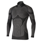 Alpinestars Ride Tech Top Long Sleeve Winter, Technical Base Layer, Black and Gray, featuring honeycomb textured panels, mock neck design, and compression fit for cold weather motorcycle riding