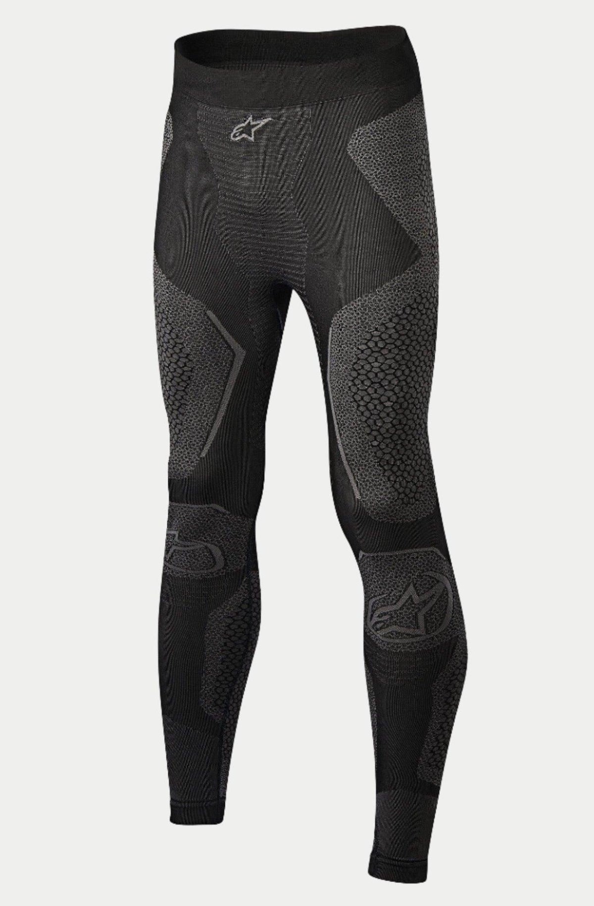 Alpinestars Ride Tech Bottom Winter, pantalones de capa base para motociclismo, negro y gris, con paneles de punto de doble densidad y patrones texturizados, construcción sin costuras, logotipos de Alpinestars en la cintura y las espinillas, diseñados para conducir en climas fríos