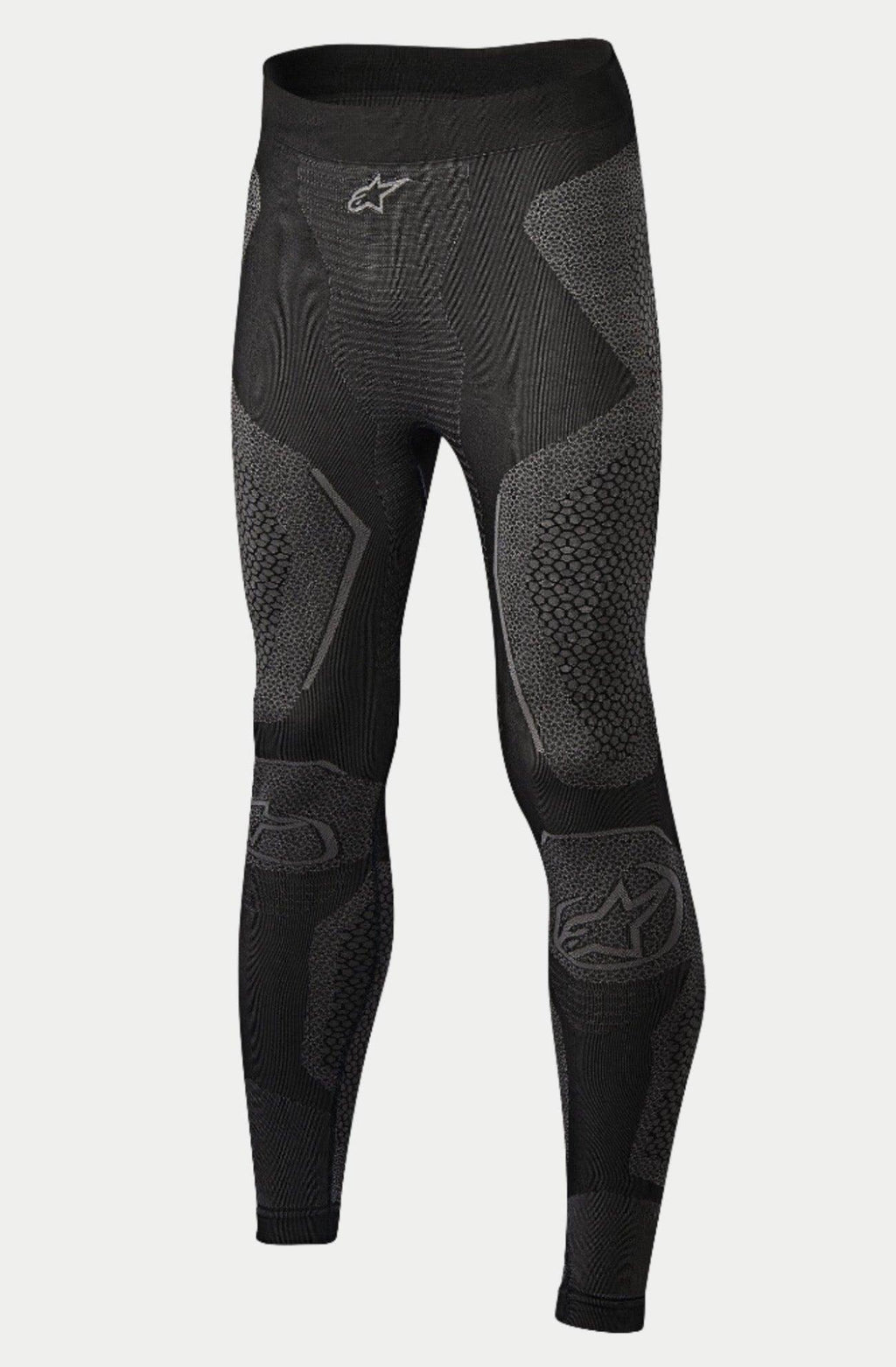 Alpinestars Ride Tech Bottom Winter, pantalones de capa base para motociclismo, negro y gris, con paneles de punto de doble densidad y patrones texturizados, construcción sin costuras, logotipos de Alpinestars en la cintura y las espinillas, diseñados para conducir en climas fríos