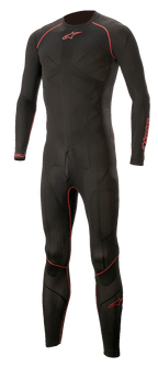 Alpinestars Ride Tech Lite 1-Piece Undersuit, Black with Red accents, form-fitting full-body motorcycle base layer with textured pattern, red piping detail on shoulders, arms and legs, red star logo on chest and thigh, seamless panel construction for optimal comfort under racing suits