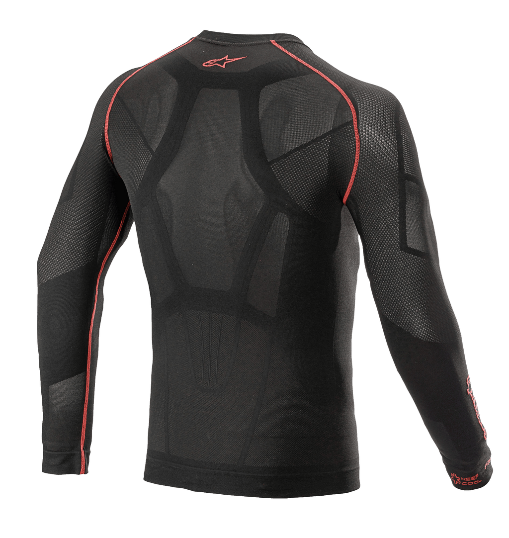 Alpinestars Ride Tech V2 Top Long Sleeve Summer, capa base para motociclista, negro y rojo, vista trasera con construcción de mapeo corporal e inserciones de malla abierta, costuras planas rojas y logo rojo de Alpinestars en el cuello, capa técnica para climas cálidos