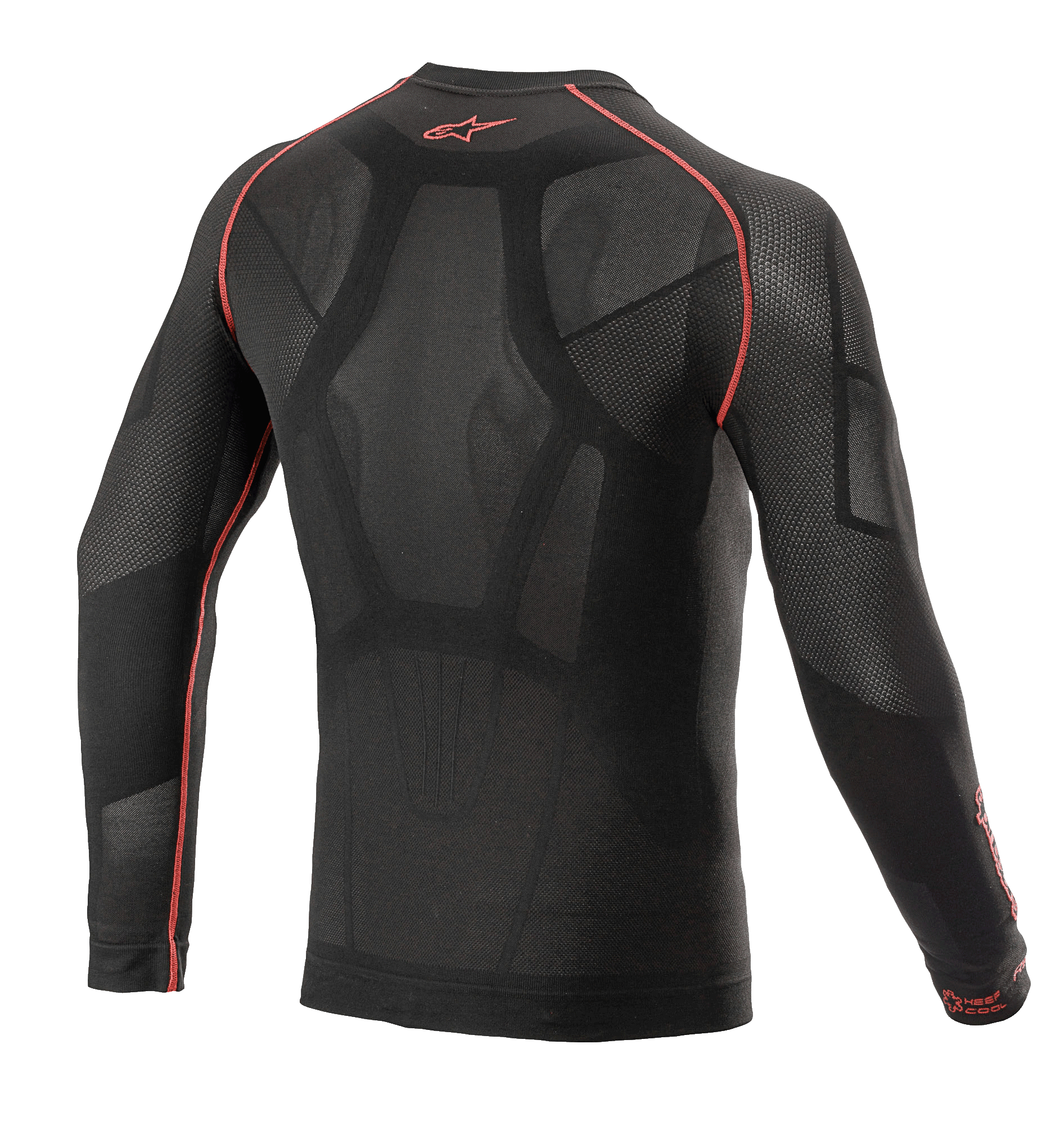 Alpinestars Ride Tech V2 Top Long Sleeve Summer, capa base para motociclista, negro y rojo, vista trasera con construcción de mapeo corporal e inserciones de malla abierta, costuras planas rojas y logo rojo de Alpinestars en el cuello, capa técnica para climas cálidos