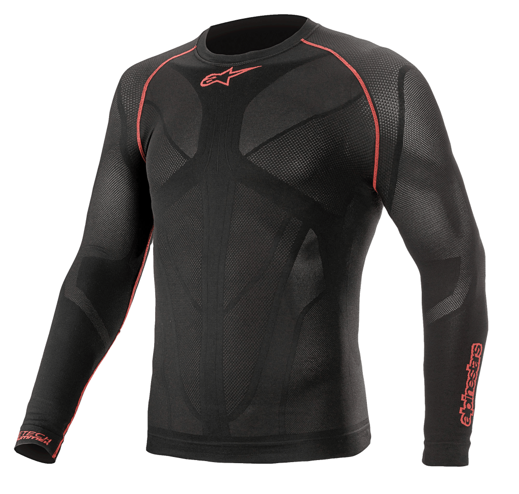 Alpinestars Ride Tech V2 Top Long Sleeve Summer, capa base para motocicleta, negro y rojo, con paneles de malla transpirable con mapeo corporal, costuras planas rojas en los hombros y logotipos de Alpinestars en el pecho y la manga