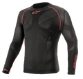 Alpinestars Ride Tech V2 Top Long Sleeve Summer, capa base para motocicleta, negro y rojo, con paneles de malla transpirable con mapeo corporal, costuras planas rojas en los hombros y logotipos de Alpinestars en el pecho y la manga
