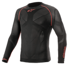 Alpinestars Ride Tech V2 Top Long Sleeve Summer, capa base para motocicleta, negro y rojo, con paneles de malla transpirable con mapeo corporal, costuras planas rojas en los hombros y logotipos de Alpinestars en el pecho y la manga