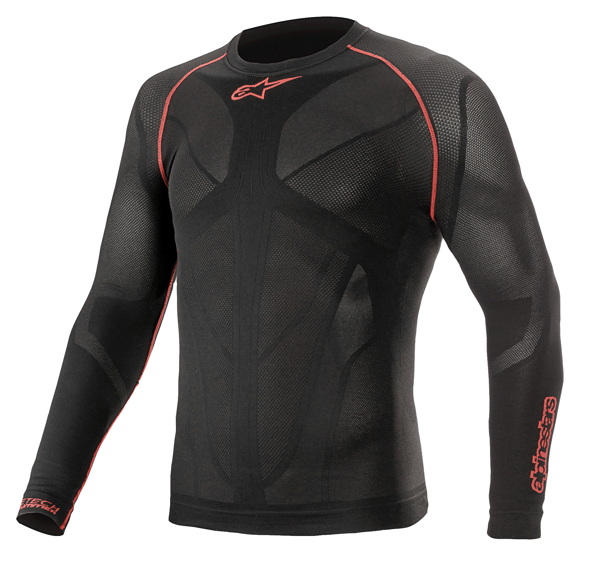 Alpinestars Ride Tech V2 Top Long Sleeve Summer, Motorcycle Base Layer, Black and Red, featuring breathable body-mapped mesh panels, red flatlock stitching on shoulders, and Alpinestars logos on the chest and sleeve