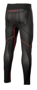 Alpinestars Ride Tech V2 Bottom Summer, Motorcycle Base Layer Pants, Black and Red, rear view showing red contrast stitching, red Alpinestars logo on the waistband, and breathable mesh-textured panels for warm weather riding.