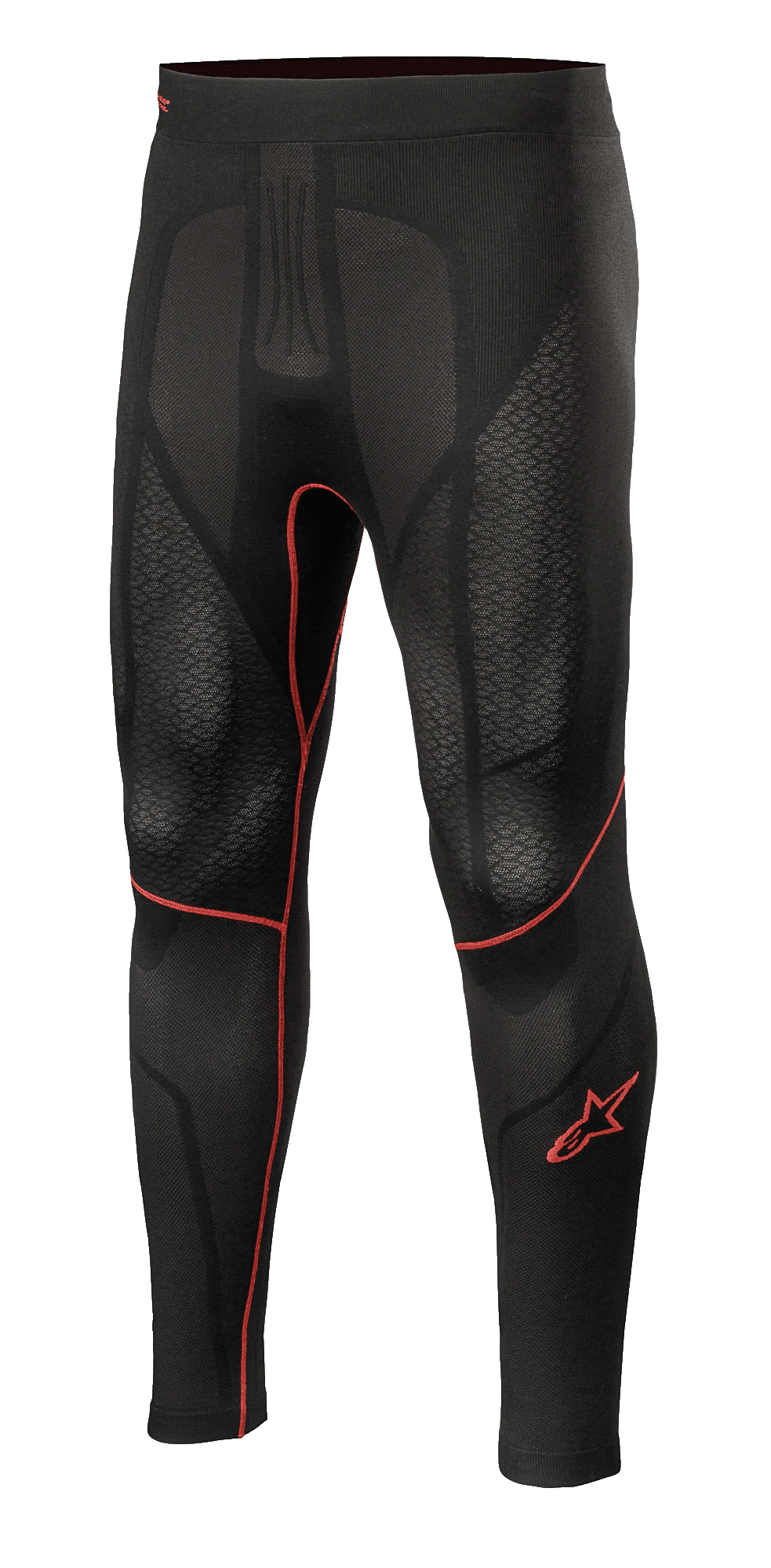 Alpinestars Ride Tech V2 Bottom Summer, pantalón interior para moto, negro con detalles rojos, paneles de malla texturizados, logotipo de estrella roja en la pierna, capa de alto rendimiento de compresión transpirable