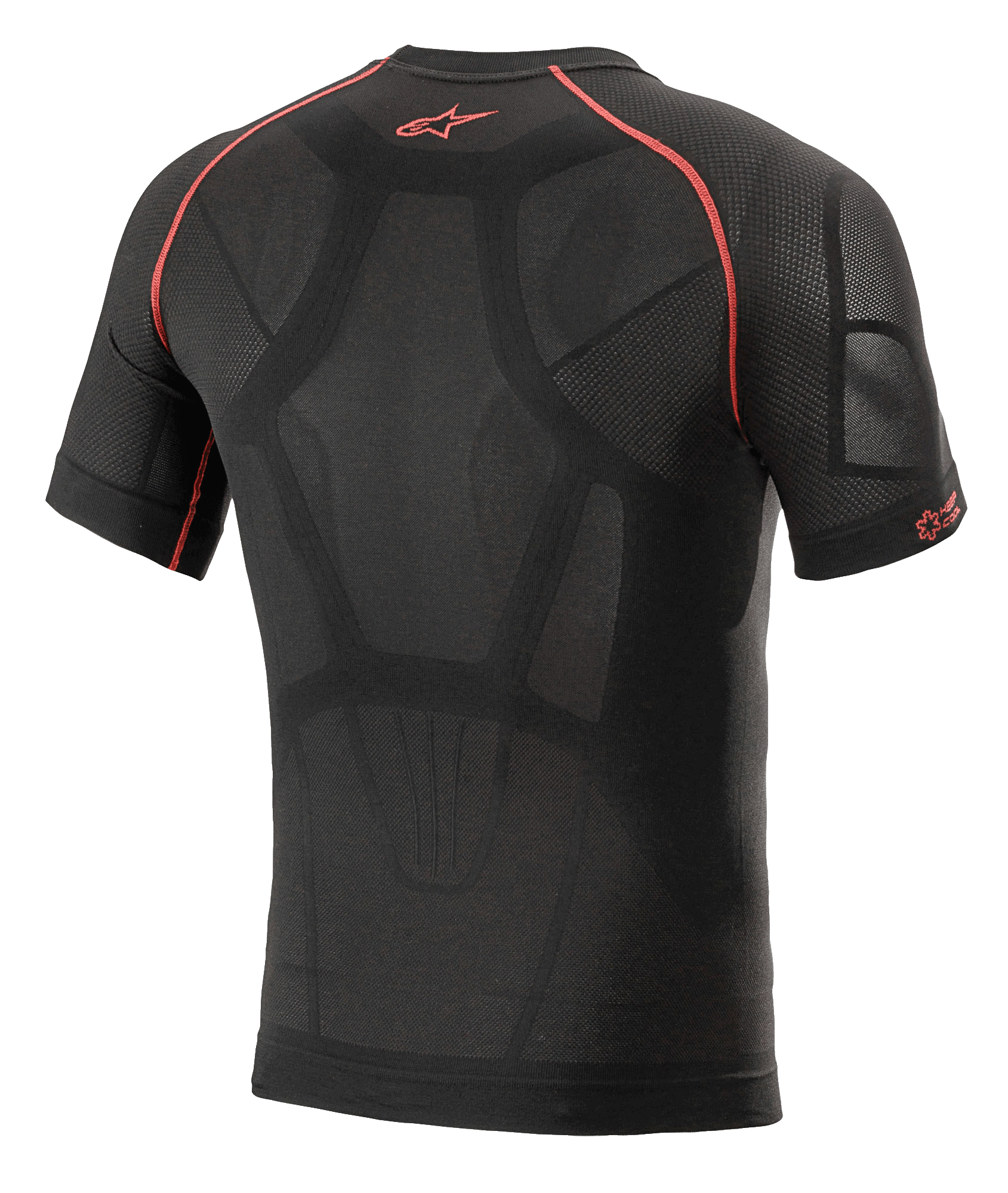 Alpinestars Ride Tech V2 Top Short Sleeve Summer, capa base de motociclismo, negro y rojo, vista posterior con construcción de mapeo corporal, paneles de ventilación de malla, costuras en contraste rojas y logotipo Astars rojo en la parte superior de la espalda