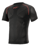 Alpinestars Ride Tech V2 Top Short Sleeve Summer, capa base de manga corta para motocicleta, negro con detalles en rojo, ajuste de compresión con paneles de ventilación de malla mapeados según el cuerpo, ropa de rendimiento técnico para conducción en carretera y pista en verano