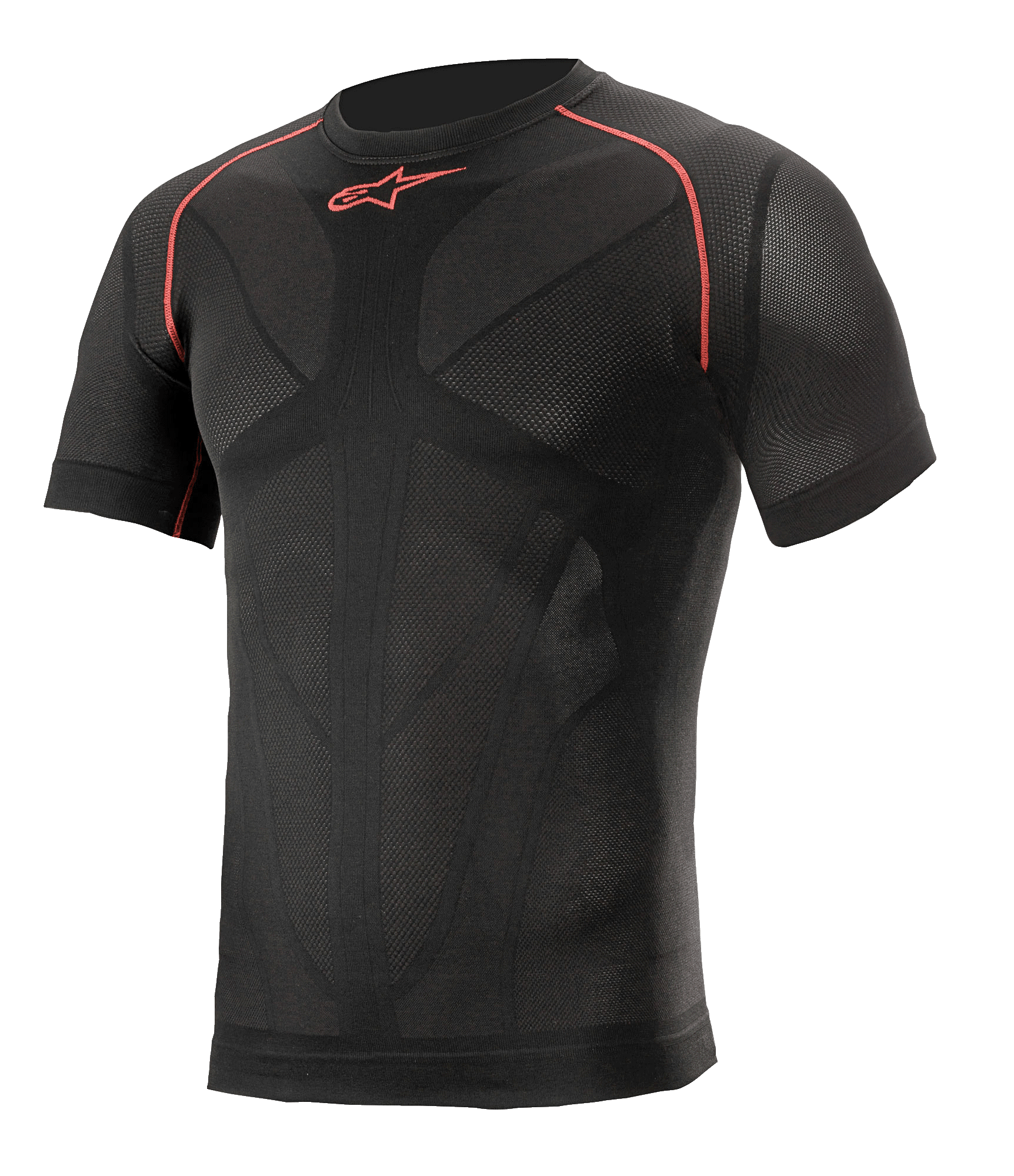Alpinestars Ride Tech V2 Top Short Sleeve Summer, capa base de manga corta para motocicleta, negro con detalles en rojo, ajuste de compresión con paneles de ventilación de malla mapeados según el cuerpo, ropa de rendimiento técnico para conducción en carretera y pista en verano
