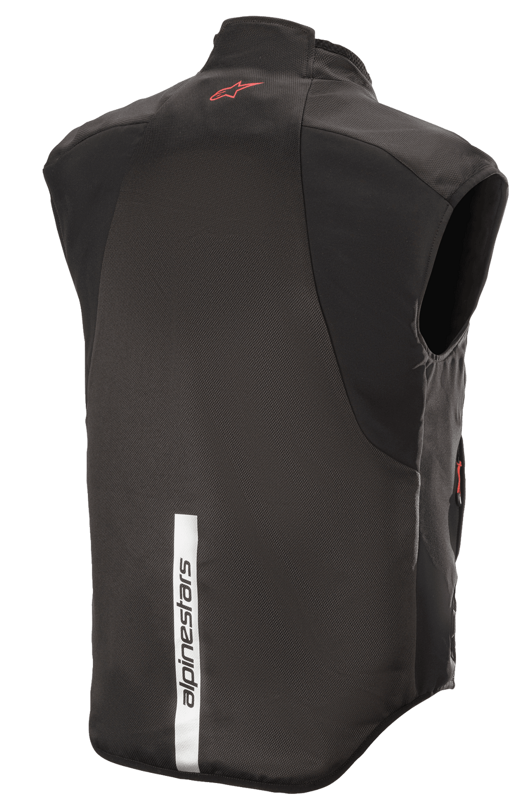 Chaleco Alpinestars HT Heat Tech, negro, vista trasera con un logotipo de Astars rojo en la parte superior de la espalda y una franja blanca reflectante vertical con la marca Alpinestars en la parte inferior, capa base térmica para moto