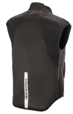 Chaleco Alpinestars HT Heat Tech, negro, vista trasera con un logotipo de Astars rojo en la parte superior de la espalda y una franja blanca reflectante vertical con la marca Alpinestars en la parte inferior, capa base térmica para moto