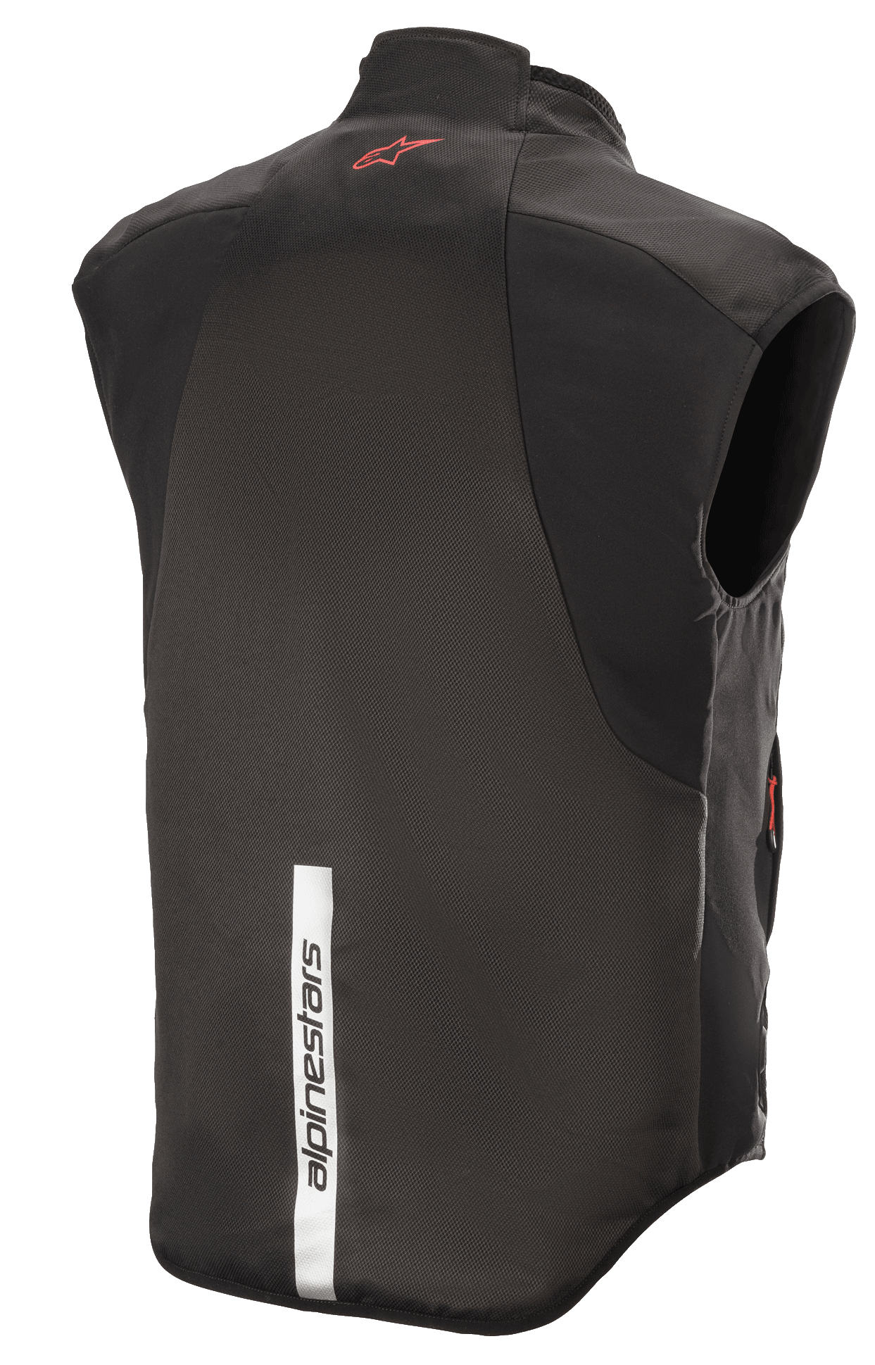 Chaleco Alpinestars HT Heat Tech, negro, vista trasera con un logotipo de Astars rojo en la parte superior de la espalda y una franja blanca reflectante vertical con la marca Alpinestars en la parte inferior, capa base térmica para moto