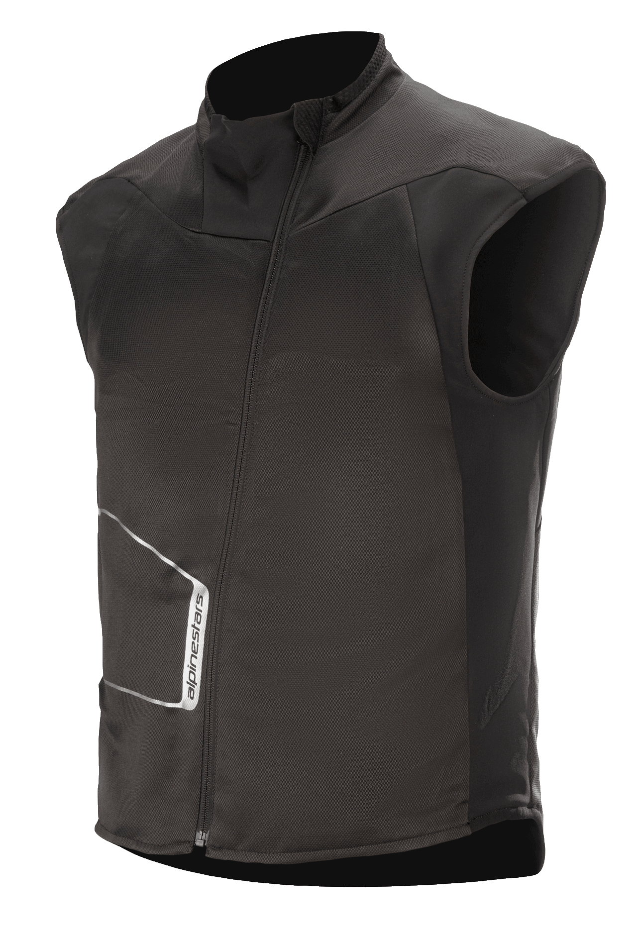 Alpinestars HT Heat Tech Vest, chaleco térmico para moto sin mangas, negro, cuello alto con cremallera frontal asimétrica, construcción de tejido técnico con logo Alpinestars blanco, capa térmica inferior para invierno y turismo