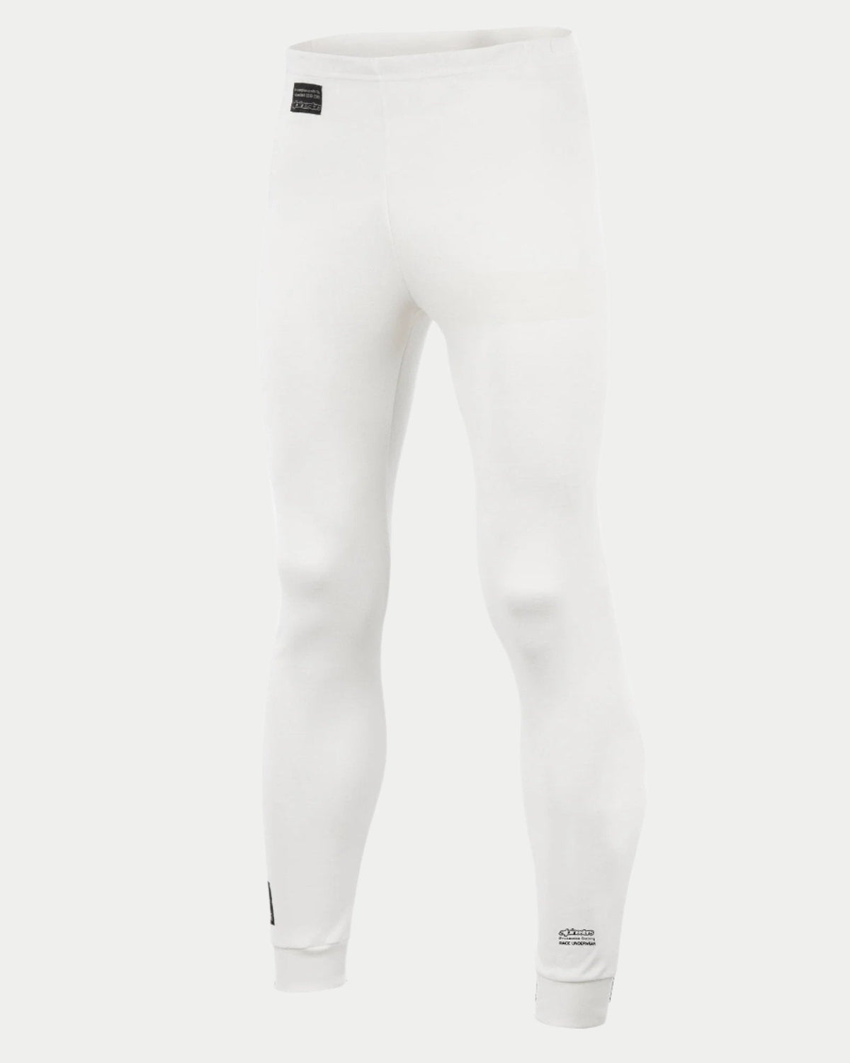 Alpinestars Race Bottom FIA, pantalones de capa base para automovilismo, blancos, con etiqueta negra de la FIA en la cadera y logotipo en la parte inferior de la pierna, tejido ignífugo ligero y transpirable para automovilismo profesional