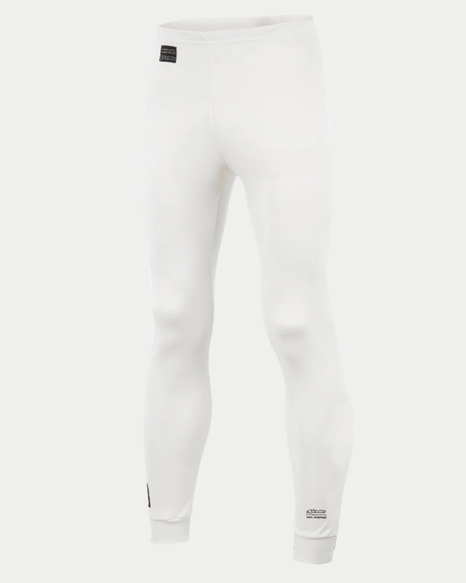 Alpinestars Race Bottom FIA, pantalones de capa base para automovilismo, blancos, con etiqueta negra de la FIA en la cadera y logotipo en la parte inferior de la pierna, tejido ignífugo ligero y transpirable para automovilismo profesional