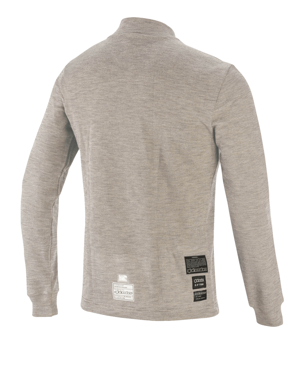 Alpinestars Race V3 Long Sleeve Top, capa base para automovilismo, gris melange, vista posterior con tejido técnico resistente al fuego y parches de certificación FIA cerca del dobladillo