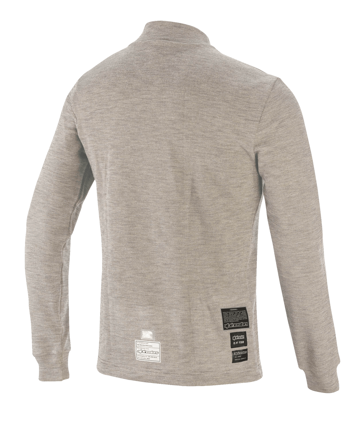 Alpinestars Race V3 Long Sleeve Top, capa base para automovilismo, gris melange, vista posterior con tejido técnico resistente al fuego y parches de certificación FIA cerca del dobladillo