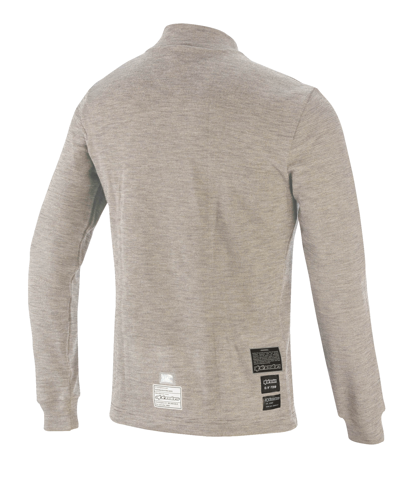 Alpinestars Race V3 Long Sleeve Top, capa base para automovilismo, gris melange, vista posterior con tejido técnico resistente al fuego y parches de certificación FIA cerca del dobladillo