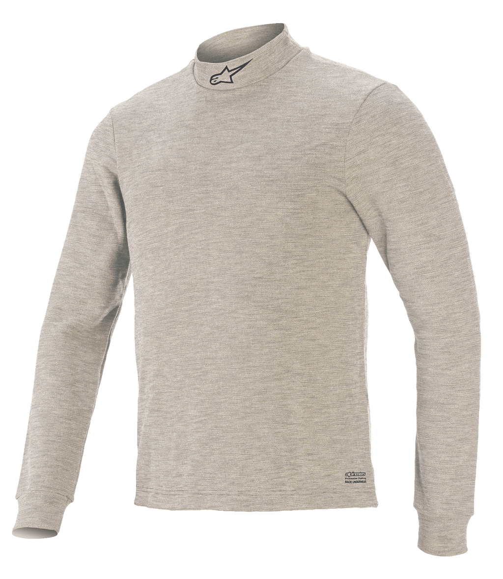 Alpinestars Race V3 Long Sleeve Top, capa base para automovilismo, gris, con cuello alto y logotipo de estrella negra, mangas largas, tejido texturizado resistente al fuego y marca Alpinestars en el dobladillo