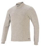 Alpinestars Race V3 Long Sleeve Top, capa base para automovilismo, gris, con cuello alto y logotipo de estrella negra, mangas largas, tejido texturizado resistente al fuego y marca Alpinestars en el dobladillo