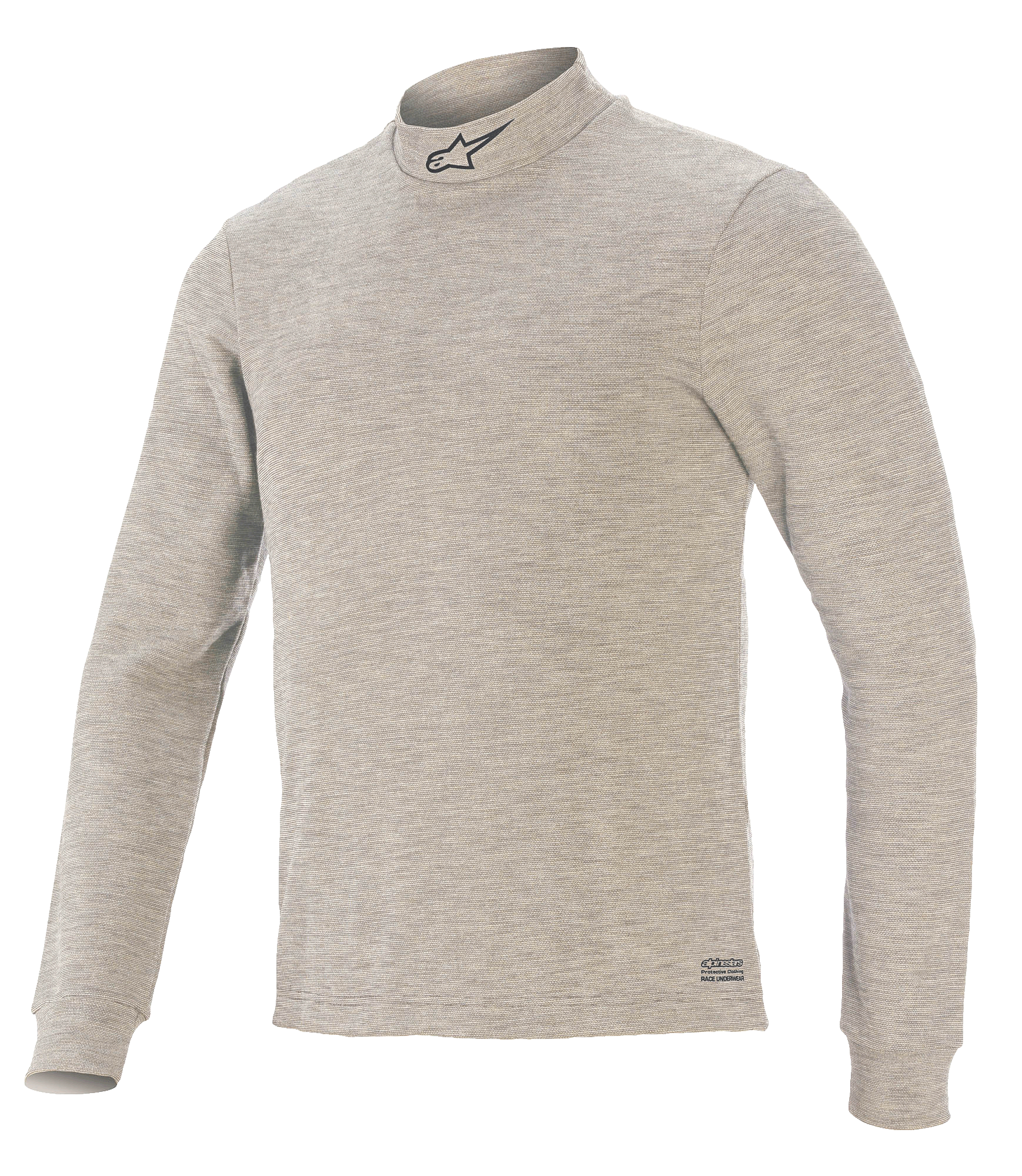 Alpinestars Race V3 Long Sleeve Top, capa base para automovilismo, gris, con cuello alto y logotipo de estrella negra, mangas largas, tejido texturizado resistente al fuego y marca Alpinestars en el dobladillo