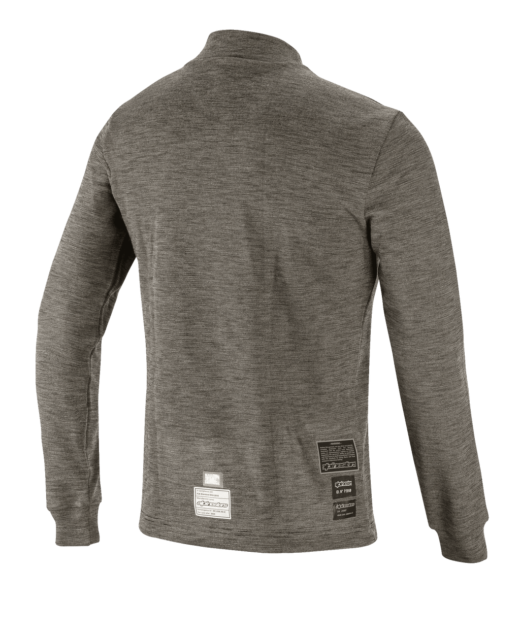 Alpinestars Race V3 Long Sleeve Top, capa base técnica, gris Anthracite Melange, vista posterior que muestra el tejido texturizado resistente al fuego y las etiquetas de certificación FIA en el dobladillo inferior, equipamiento de alto rendimiento para automovilismo