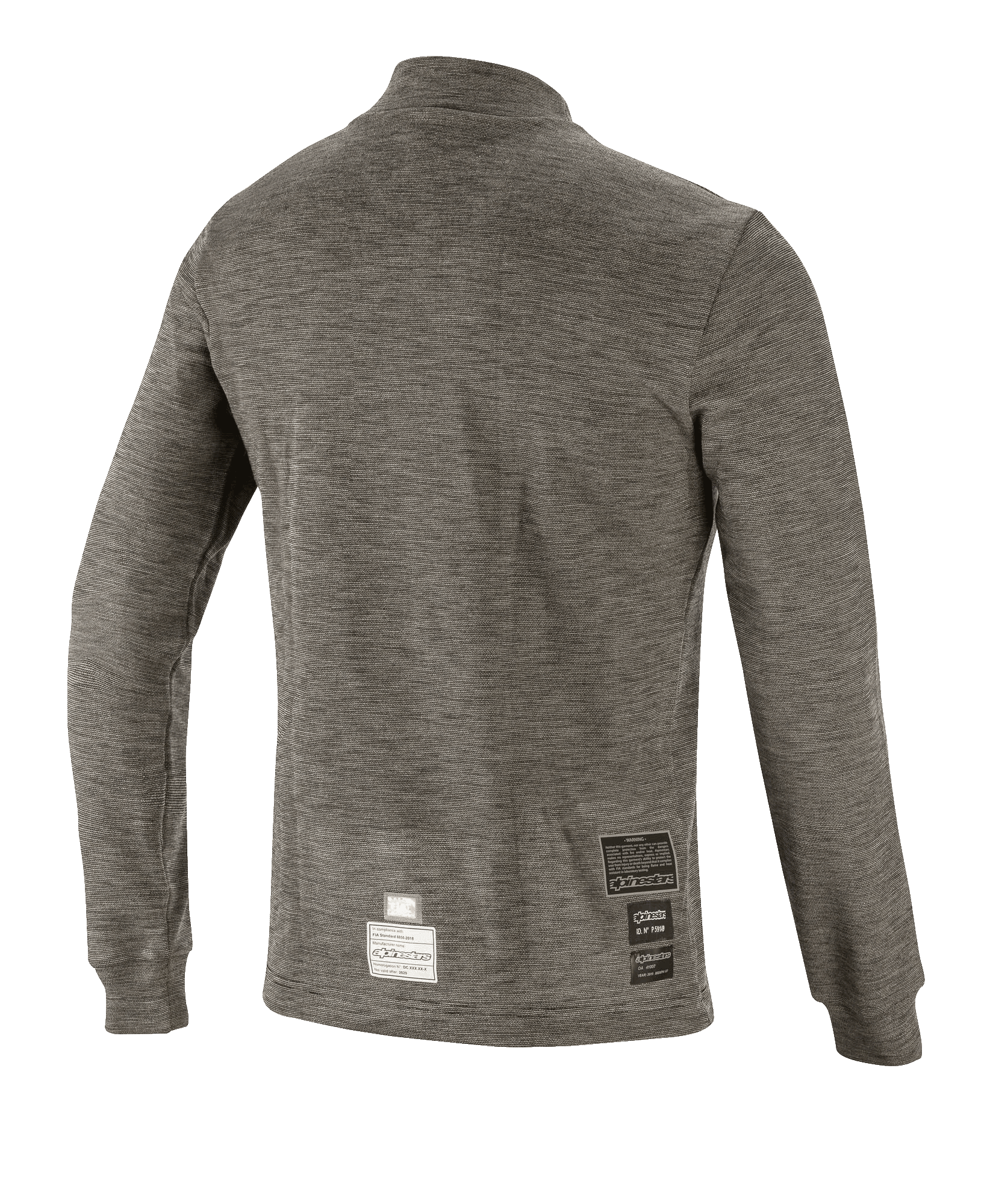 Alpinestars Race V3 Long Sleeve Top, capa base técnica, gris Anthracite Melange, vista posterior que muestra el tejido texturizado resistente al fuego y las etiquetas de certificación FIA en el dobladillo inferior, equipamiento de alto rendimiento para automovilismo