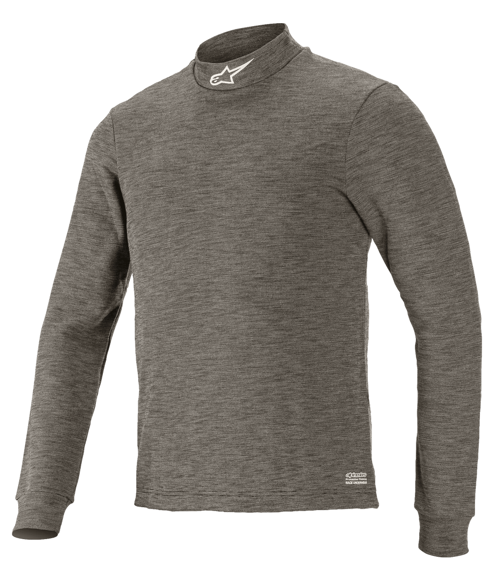 Alpinestars Race V3 Long Sleeve Top, capa base técnica para automovilismo, gris Antracita Melange, cuello alto con logotipo de estrella blanca, mangas largas, tejido jaspeado resistente al fuego, prenda interior profesional para carreras de coches