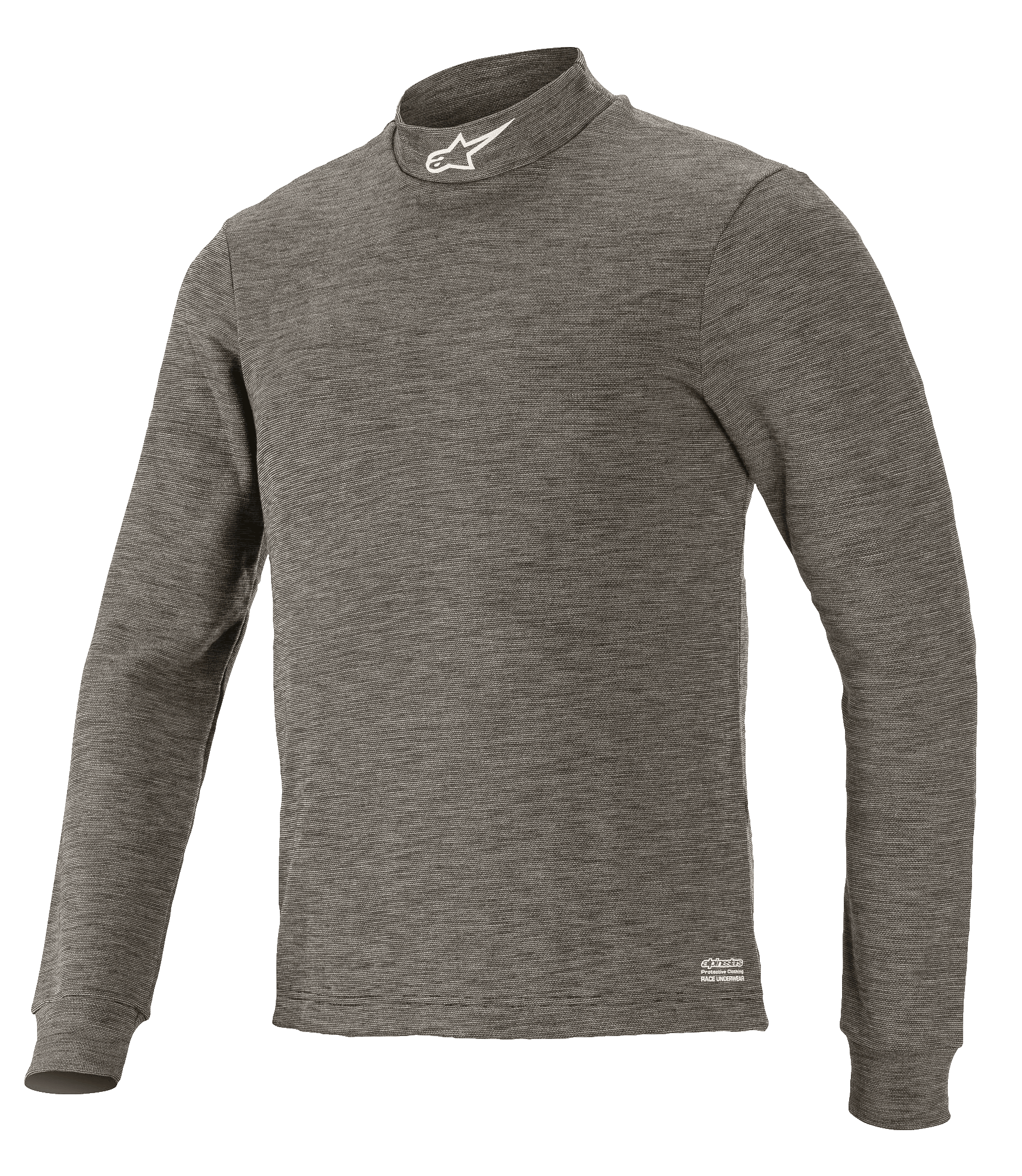 Alpinestars Race V3 Long Sleeve Top, capa base técnica para automovilismo, gris Antracita Melange, cuello alto con logotipo de estrella blanca, mangas largas, tejido jaspeado resistente al fuego, prenda interior profesional para carreras de coches