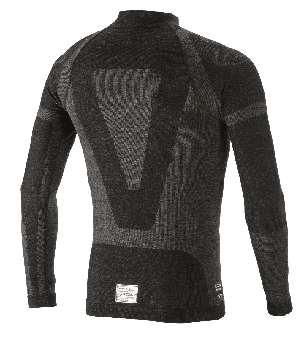 Camiseta de manga larga Alpinestars ZX Evo V2, capa base para automovilismo, negro y gris, vista posterior con un diseño técnico de jacquard, construcción tubular sin costuras y etiqueta de certificación FIA/SFI en el dobladillo