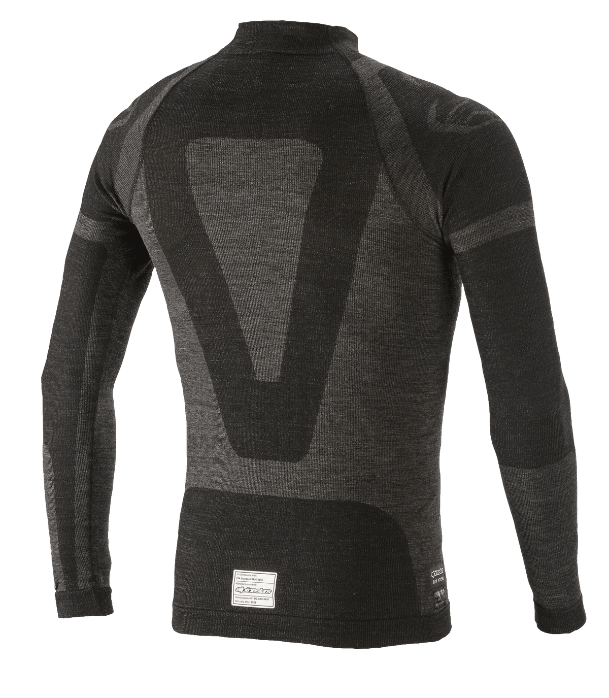 Camiseta de manga larga Alpinestars ZX Evo V2, capa base para automovilismo, negro y gris, vista posterior con un diseño técnico de jacquard, construcción tubular sin costuras y etiqueta de certificación FIA/SFI en el dobladillo
