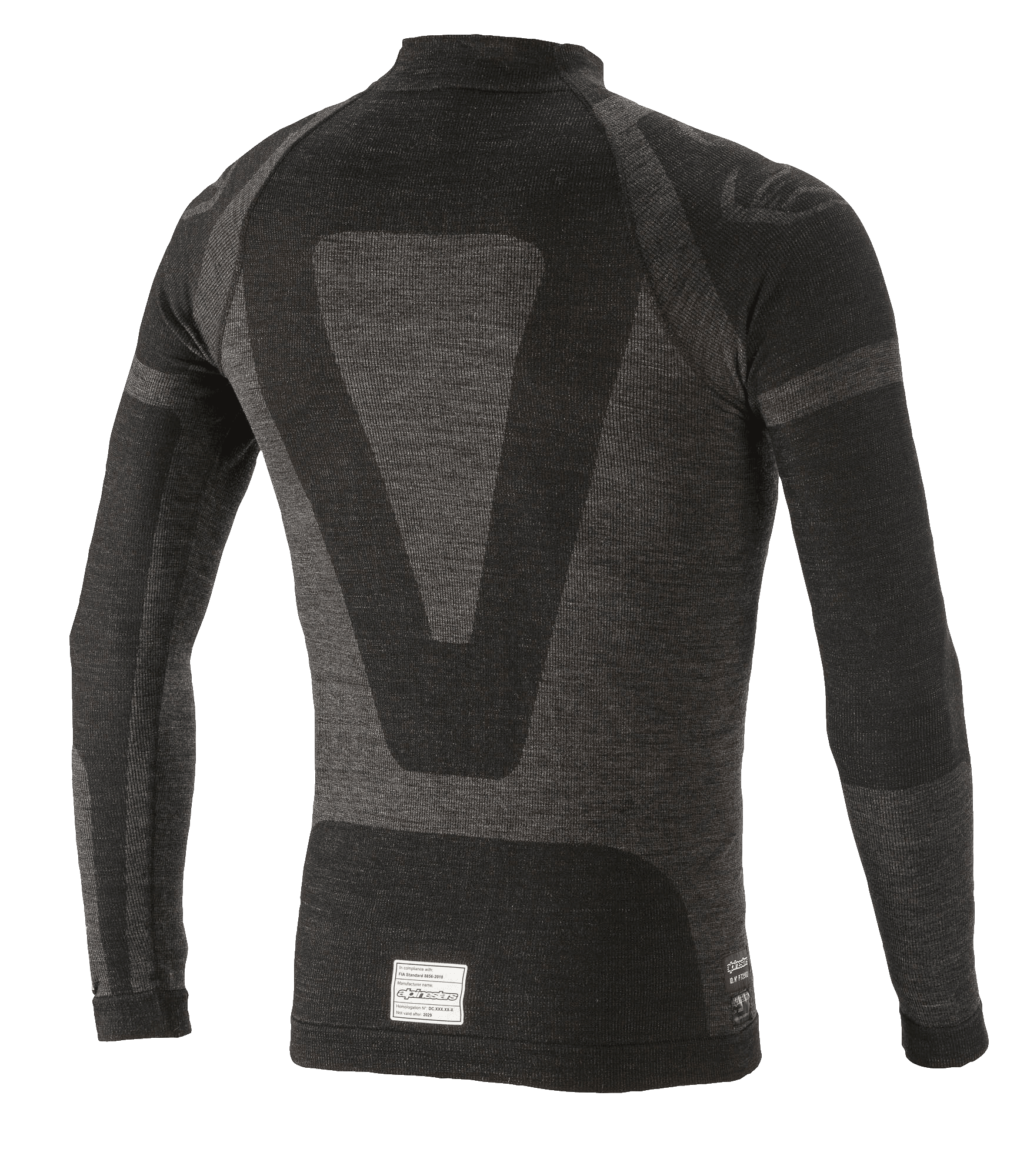 Camiseta de manga larga Alpinestars ZX Evo V2, capa base para automovilismo, negro y gris, vista posterior con un diseño técnico de jacquard, construcción tubular sin costuras y etiqueta de certificación FIA/SFI en el dobladillo