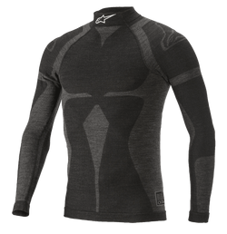 Alpinestars ZX Evo V2 Long Sleeve Top, auto racing base layer shirt, black and gray, high collar featuring a white logo, jacquard motif pattern, form-fitting technical apparel with lightweight knit texture