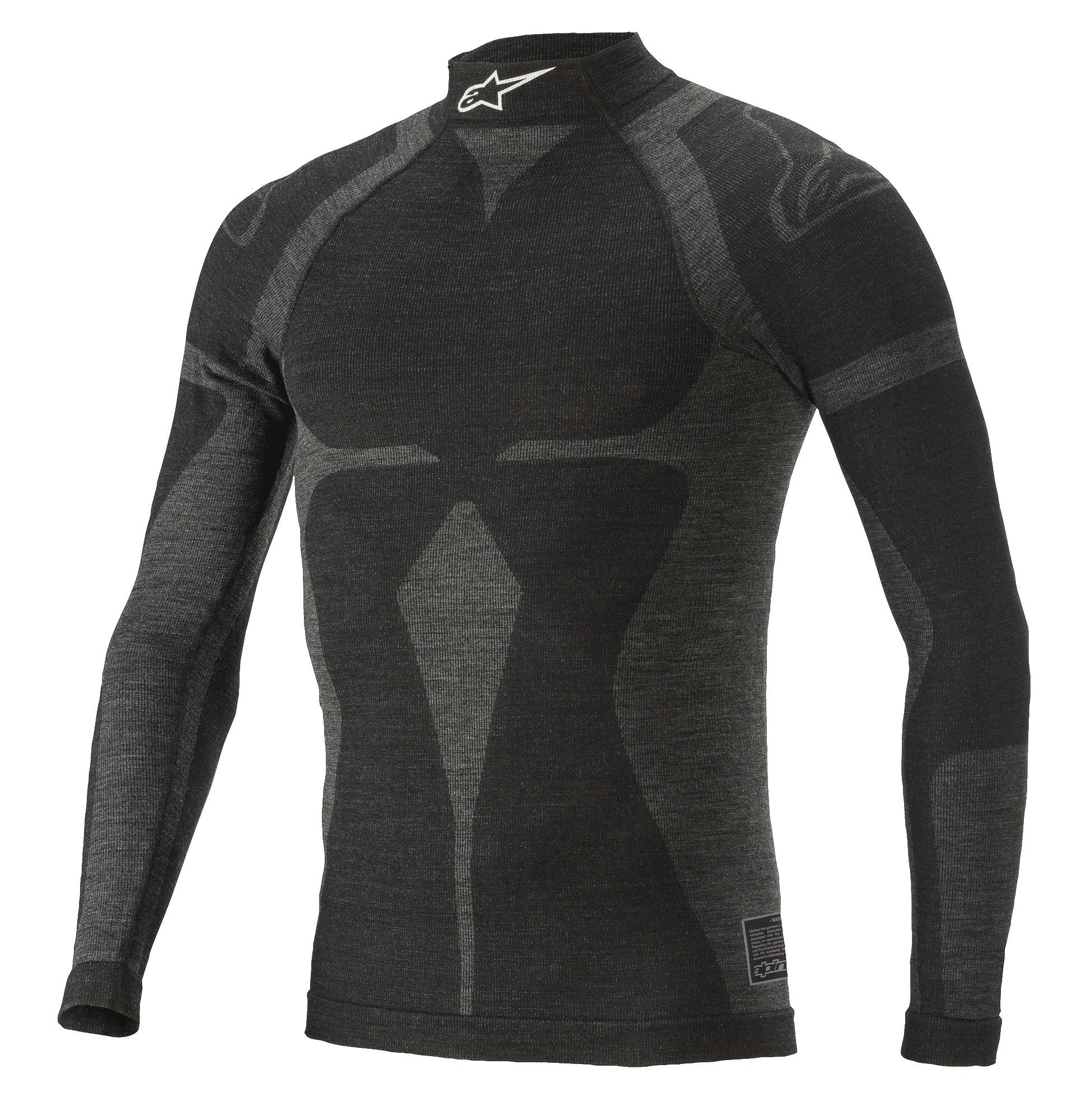 Alpinestars ZX Evo V2 Long Sleeve Top, camiseta de capa base para automovilismo, negro y gris, cuello alto con logotipo blanco, diseño con motivo jacquard, prenda técnica ajustada con textura de punto ligero