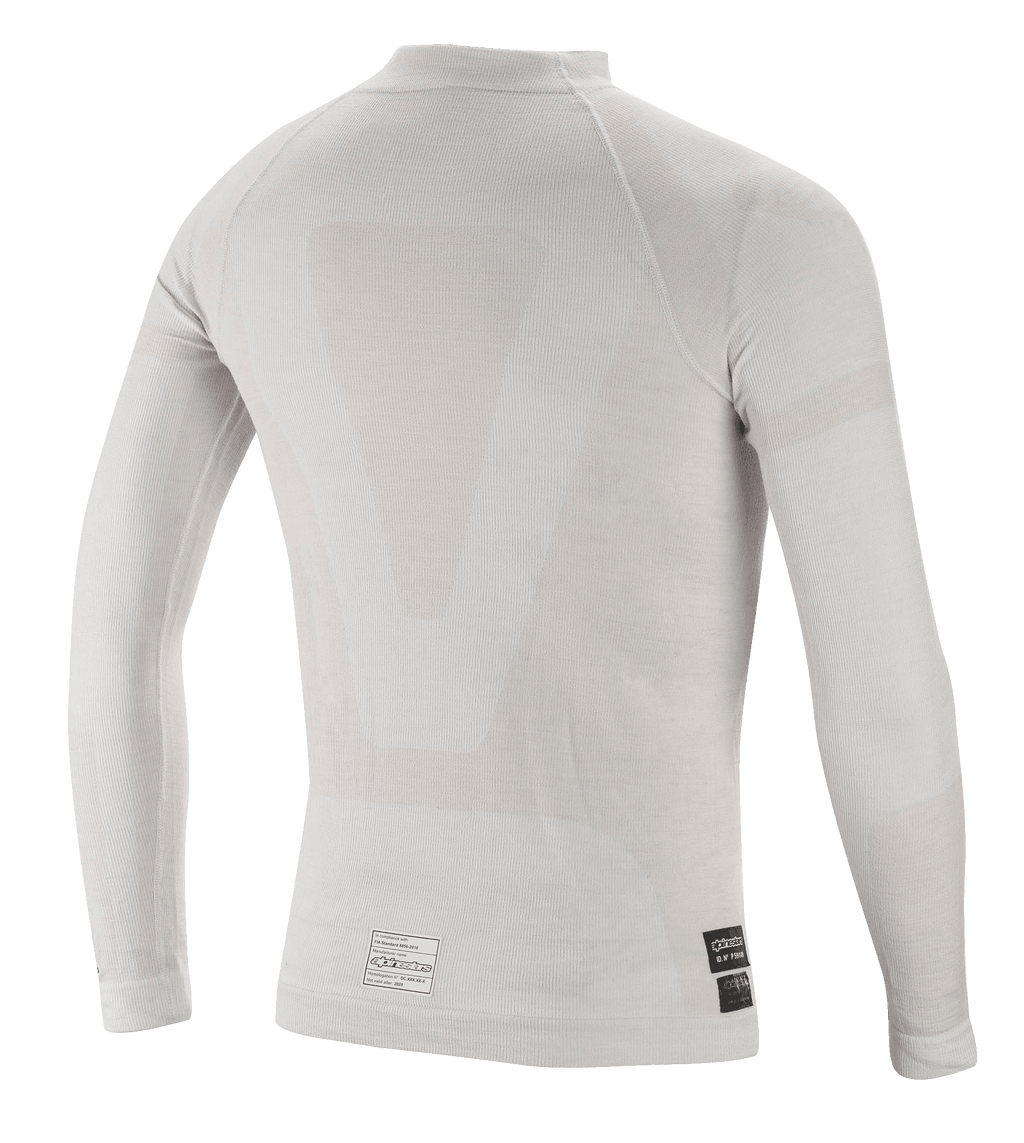 Alpinestars ZX Evo V2 Long Sleeve Top, capa base para automovilismo, blanco gris, vista trasera con construcción tubular ligera sin costuras y etiquetas de certificación FIA en el dobladillo inferior
