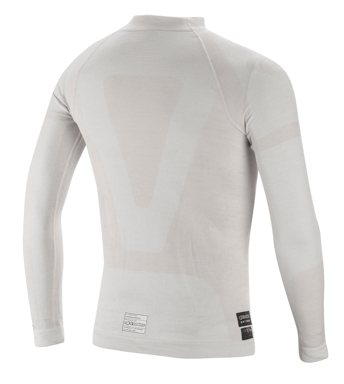 Alpinestars ZX Evo V2 Long Sleeve Top, capa base para automovilismo, blanco gris, vista trasera con construcción tubular ligera sin costuras y etiquetas de certificación FIA en el dobladillo inferior