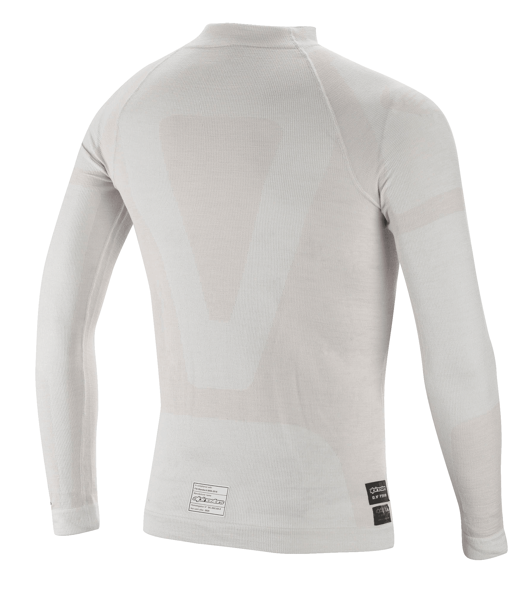 Alpinestars ZX Evo V2 Long Sleeve Top, capa base para automovilismo, blanco gris, vista trasera con construcción tubular ligera sin costuras y etiquetas de certificación FIA en el dobladillo inferior