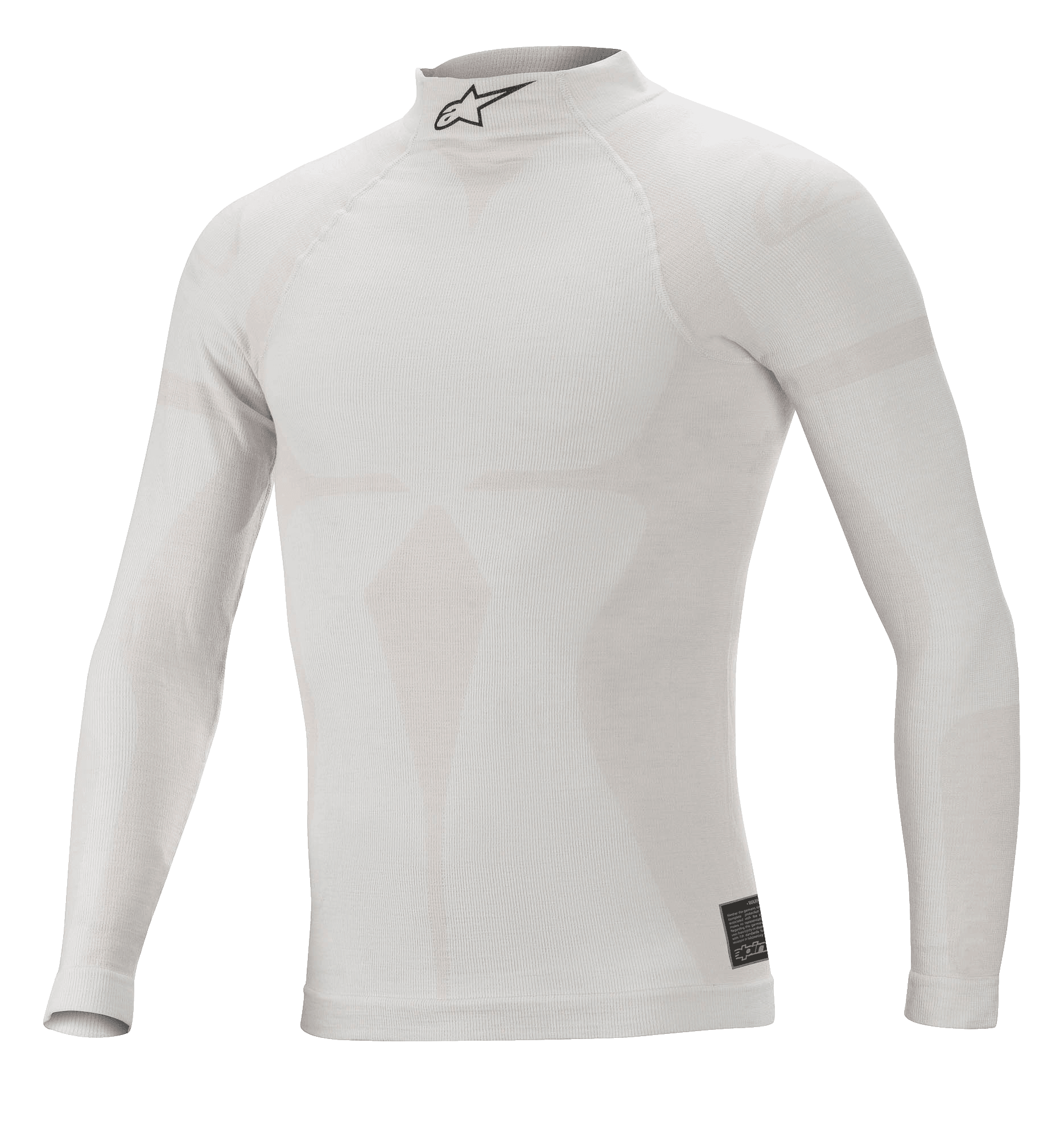 Alpinestars ZX Evo V2, camiseta de manga larga, blanco y gris, capa base de automovilismo resistente a las llamas, cuello alto con logotipo Astars negro, confección sin costuras con motivo de jacquard, ropa interior técnica ligera y ajustada