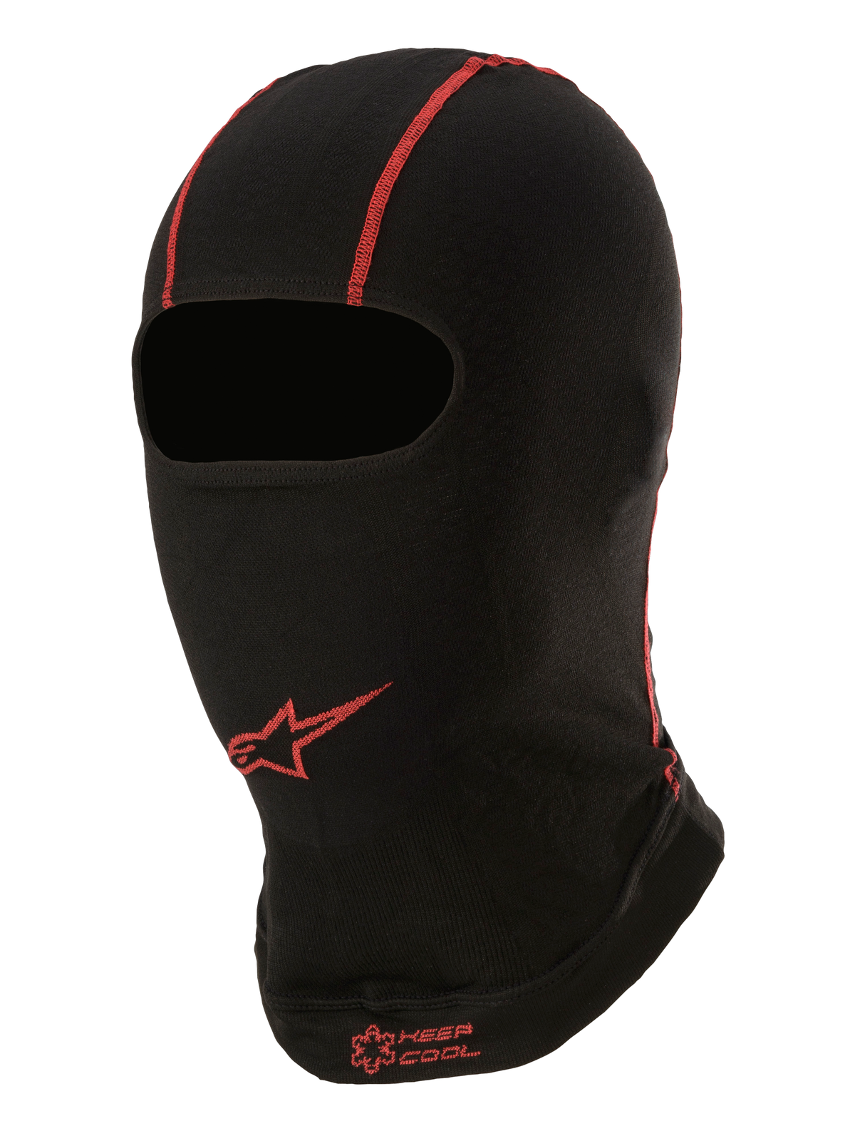 Alpinestars KX V2 Balaclava, Summer Under-Helmet Base Layer, Black with Red stitching, red Alpinestars star logo and "KEEP COOL" text, thin breathable fabric for karting and motorsport