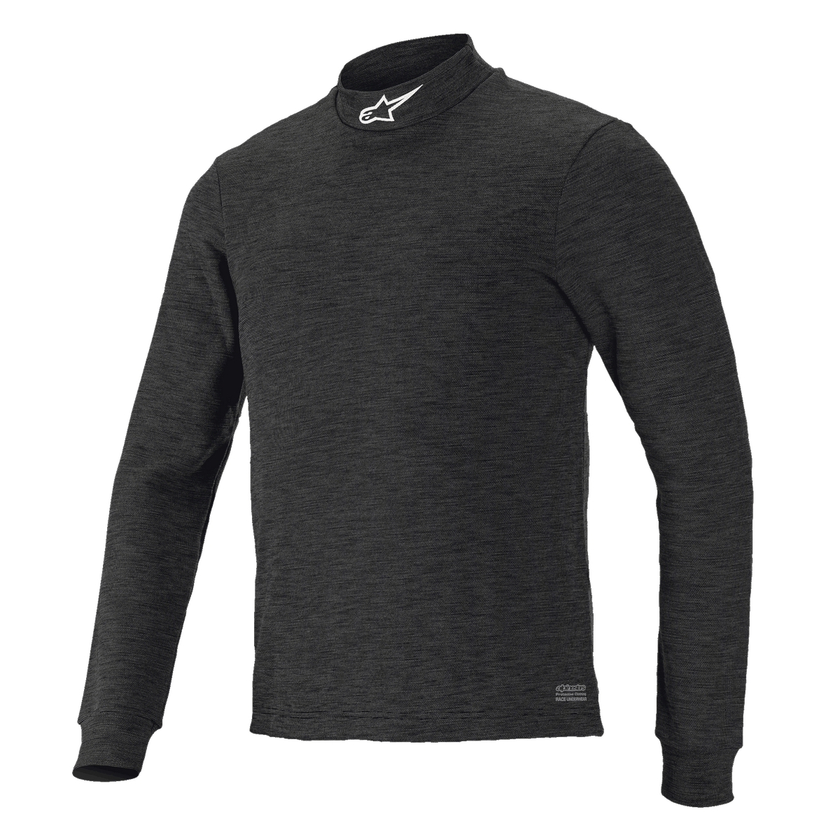 Alpinestars Race V3 Long Sleeve Top, capa base negra con textura, cuello alto con logo blanco, diseño ajustado, prenda técnica ignífuga de alto rendimiento para automovilismo