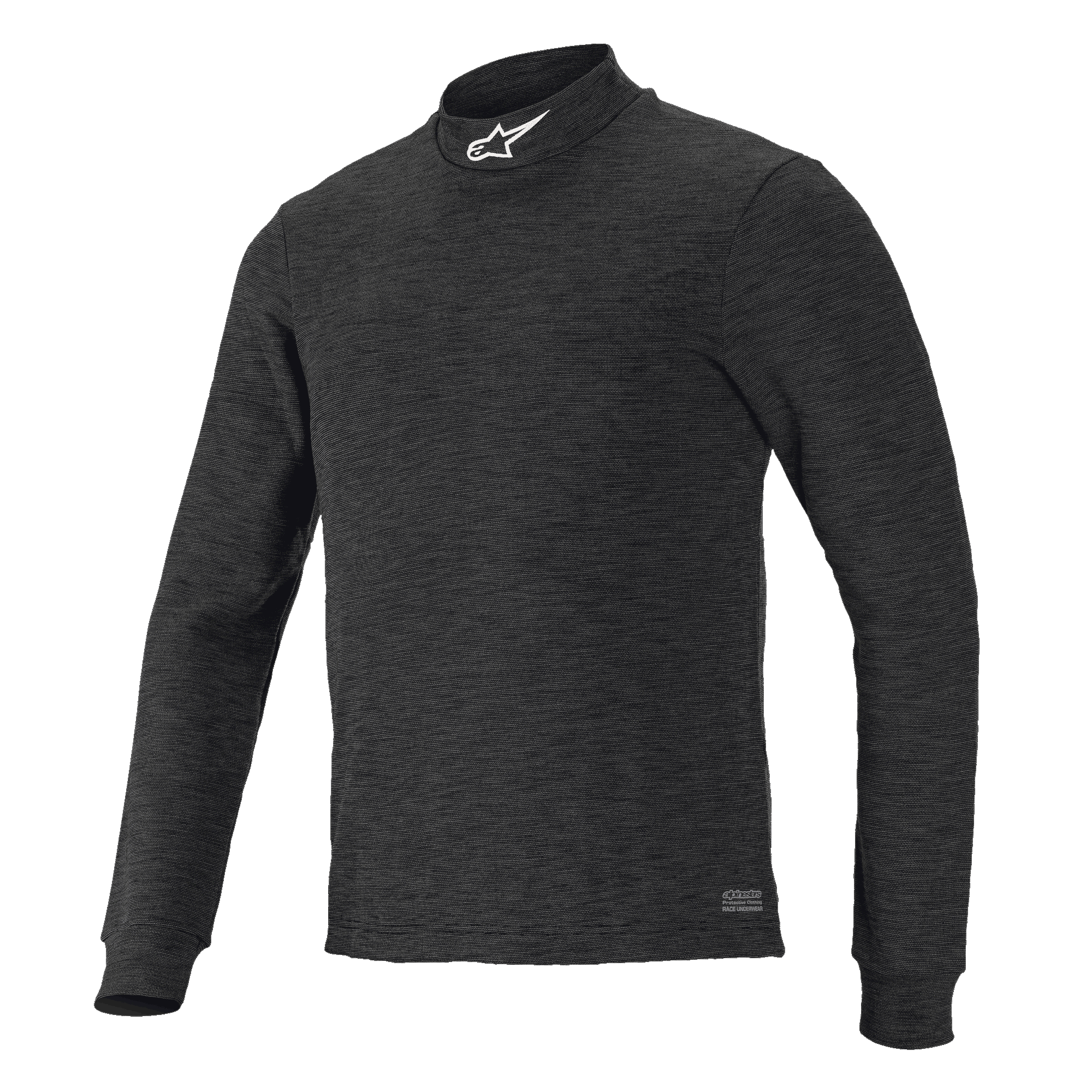 Alpinestars Race V3 Long Sleeve Top, capa base negra con textura, cuello alto con logo blanco, diseño ajustado, prenda técnica ignífuga de alto rendimiento para automovilismo