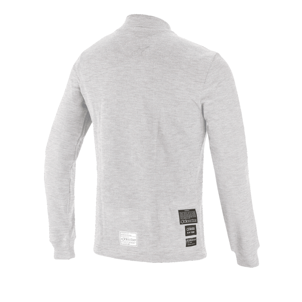 Alpinestars Race V3 Long Sleeve Top, Auto Racing Base Layer, White, back view showing FIA 8856-2018 homologation labels on the lower back, soft textured flame-resistant material for motorsport protection