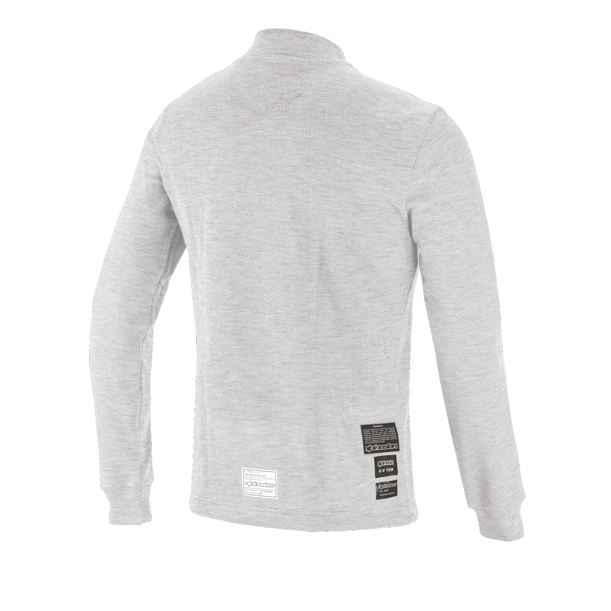 Alpinestars Race V3 Long Sleeve Top, capa base para automovilismo, blanco, vista trasera con etiquetas de homologación FIA 8856-2018 en la parte inferior de la espalda, material de textura suave y resistente al fuego para protección en deportes de motor